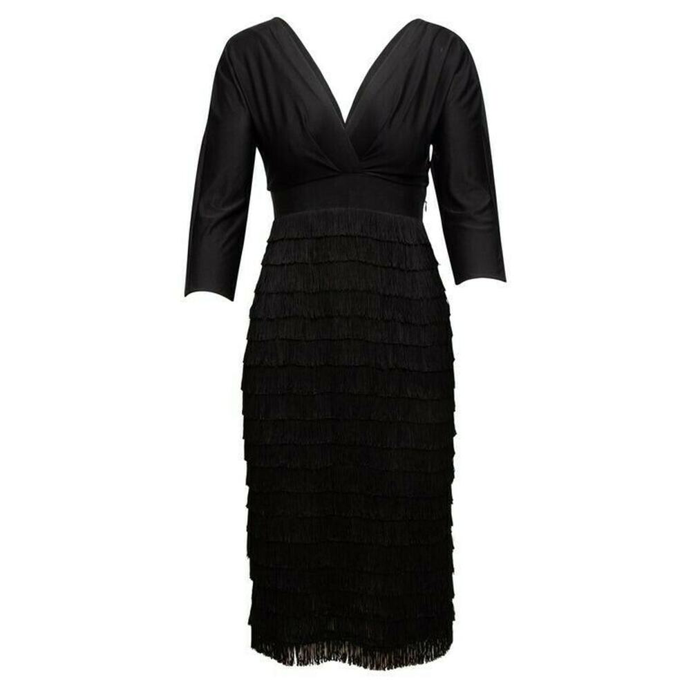 Alberta Ferretti Fringe Tiered V-neck Black Cocktail Dress $2550 Size 4